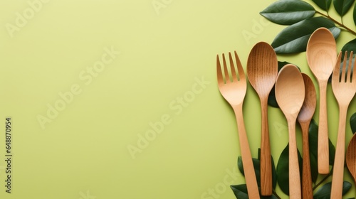 Eco friendly wooden cutlery background with free place for text. Reduce reuse recycle, plastic free concept