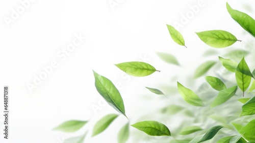 Green flying leaves isolated on white background with place foe text. Fresh tea  air purifier  organic  vegan  eco or beauty product concept design