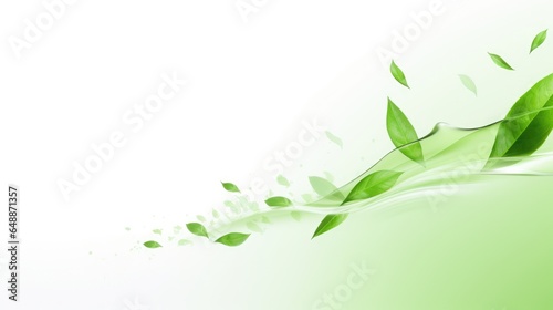 Green flying leaves isolated on white background with place foe text. Fresh tea, air purifier, organic, vegan, eco or beauty product concept design