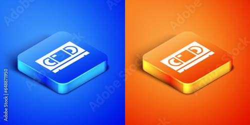 Isometric VHS video cassette tape icon isolated on blue and orange background. Square button. Vector