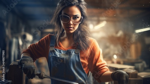 Portrait of a hot woman worker in a workshop.  Industrial background. Sexy young Caucasian woman wearing glasses working in a factory. Girl working in a manufacturing workshop.