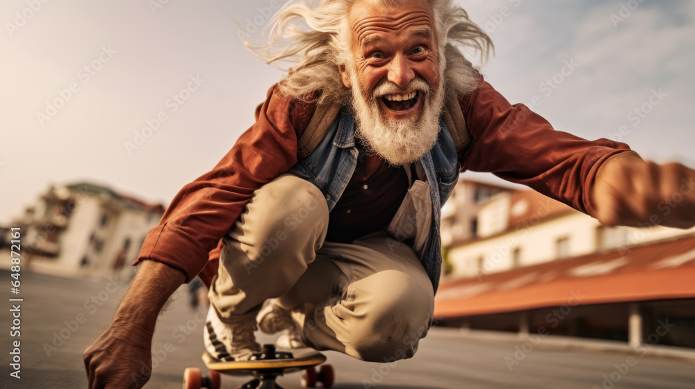 Senior man riding a skateboard on the street. He is looking at camera and smiling. - obrazy, fototapety, plakaty 