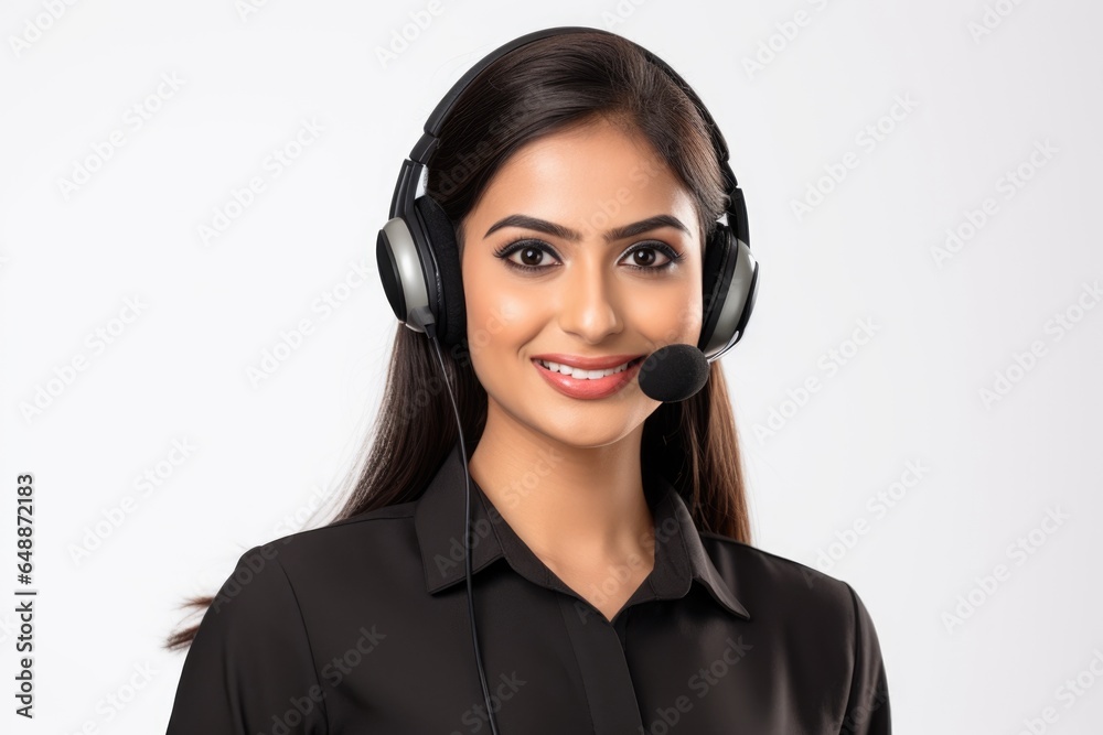 An indian woman wearing a headset with a microphone. Imaginary photorealistic image. Call center operator. An indian woman wearing a headset with a microphone. Imaginary photorealistic image. Call center operator.