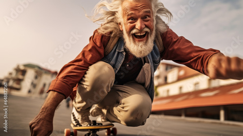 Senior man riding a skateboard on the street. He is looking at camera and smiling.