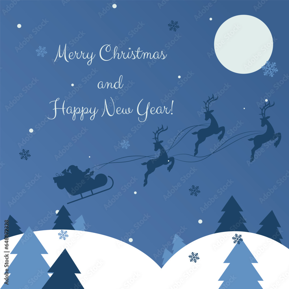 Naklejka premium Santa Claus flies in a sleigh with reindeer over the forest and Christmas trees blue background. Merry Christmas and Happy New Year postcard dark blue background