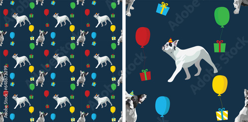 Happy Birthday Pattern with dogs and balloons, seamless texture. French Bulldog, white fur, gift wallpaper present. Kids, children and dog lovers design. Vibrant colors, playful design, abstract. 