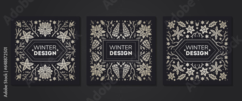 Luxury Christmas frame set, abstract sketch winter floral design templates. Geometric monochrome square, holly backgrounds with fir tree. Use for package, branding, decoration, banners © Pictulandra