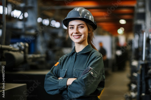 Cheerful young woman in workwear and protective helmet looking at you while working in modern industrial plant