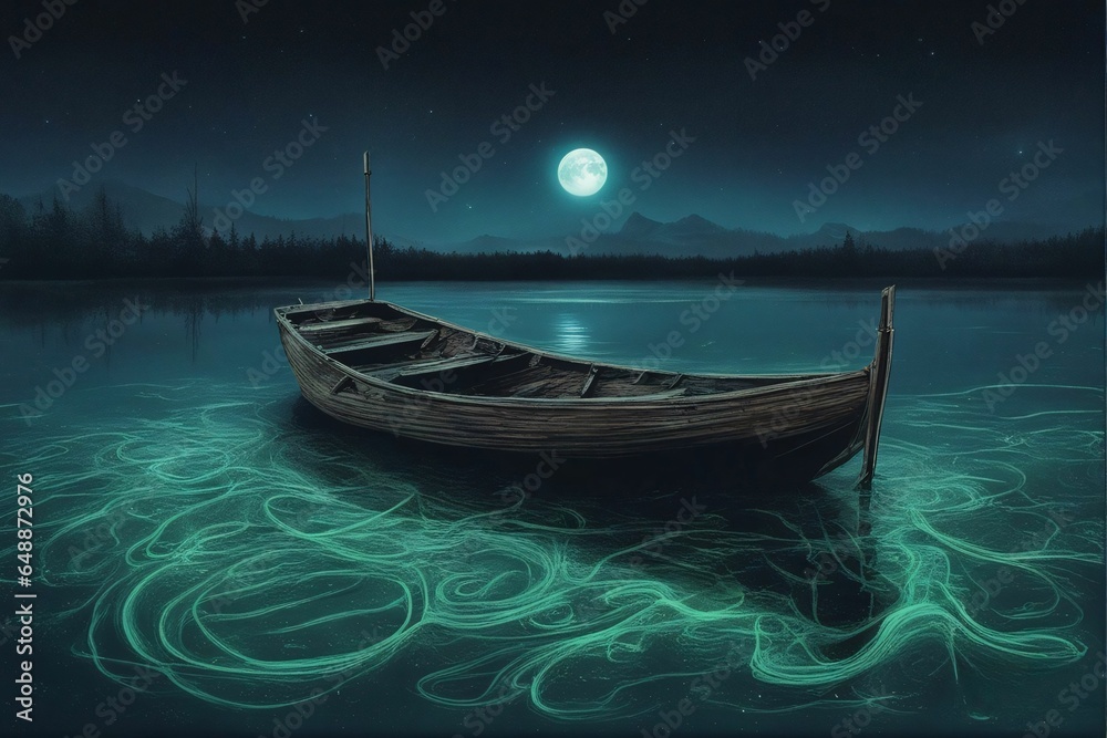 A boat kept on the river at night during full moon.