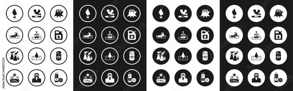 Set Tree stump, Wind turbine, Wrecked oil tanker ship, Canister for gasoline, Cigarette, Barrel and Smoke from factory icon. Vector