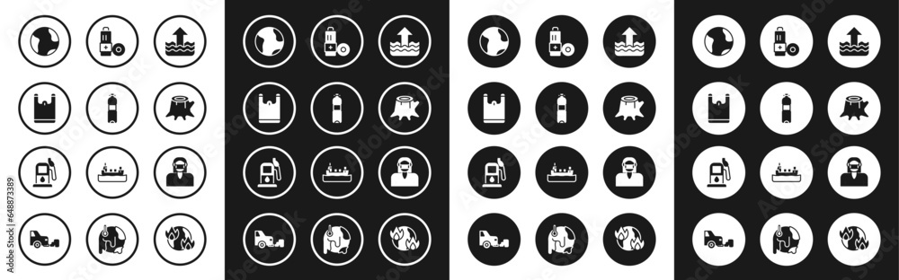 Set Rise in water level, Bottle of, Plastic bag, Earth globe, Tree stump, Battery, Face protective mask and Petrol or gas station icon. Vector