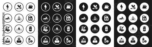 Set Tree stump, Wind turbine, Wrecked oil tanker ship, Canister for gasoline, Cigarette, Barrel and Smoke from factory icon. Vector
