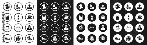 Set Rise in water level, Bottle of, Plastic bag, Earth globe, Tree stump, Battery, Face protective mask and Petrol or gas station icon. Vector