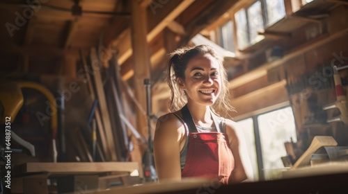 Portrait of a smiling female carpenter standing in a workshop. Happy smiling young caucasian woman employee in the carpentry factory. Girl working in an industrial workshop..