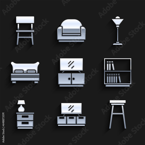 Set TV table stand, Chair, Library bookshelf, Furniture nightstand with lamp, Big bed, Floor and icon. Vector