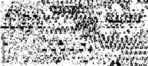 Monochrome texture composed of irregular graphic elements. Distressed uneven grunge background. Abstract vector illustration. Overlay for interesting effect and depth. Isolated on white background.