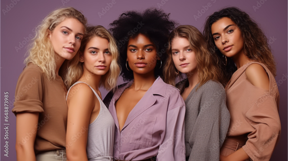 Portrait of a group of diverse women posing together over purple background Portrait of a group of diverse women posing together over purple background