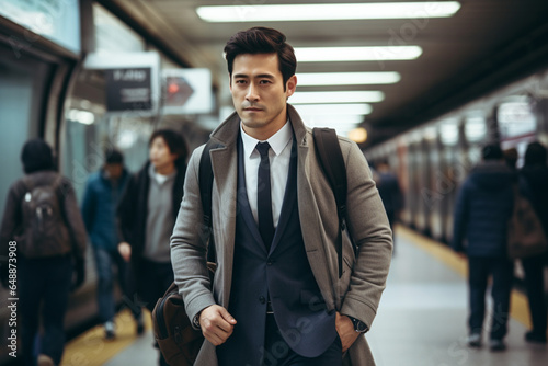 Businessman on the go in a city commuting to work, South Korea lifestyle
