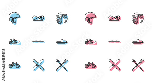 Set line Bicycle, Ski and sticks, Helmet, Crossed paddle, Snowboard, Jet ski, on street ramp and Skateboard trick icon. Vector