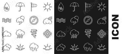 Set line Sunrise, Snowflake, Rainbow with clouds, Cone meteorology windsock wind vane, Storm, Waves, Water drop percentage and Wind rose icon. Vector