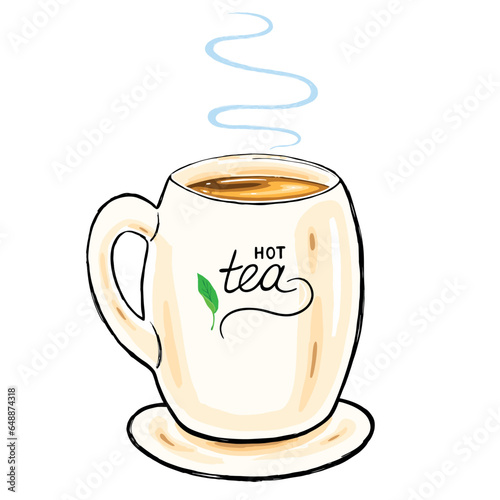Gorąca czarna herbata w białym porcelanowym kubku. Rysunek wektorowy, kolorowa ilustracja. Parująca herbatka, duży ceramiczny kubek herbaty, listek herbaciany