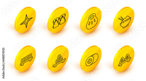 Set line Sushi on cutting board, Rice bowl with chopstick, Maneki neko cat, Geta traditional Japanese shoes and ninja shuriken icon. Vector