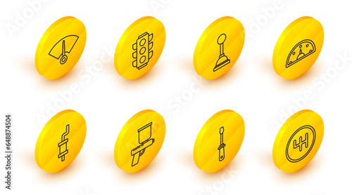 Set line Gear shifter, Screwdriver, Paint spray gun, Car muffler, Speedometer, Traffic light and icon. Vector