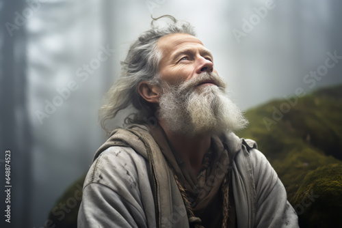 Old Senior Man with Gray Hair and Beard Meditating in Misty Woods - Depicting Tranquility, Mindfulness, and Aging Gracefully. Generative AI.