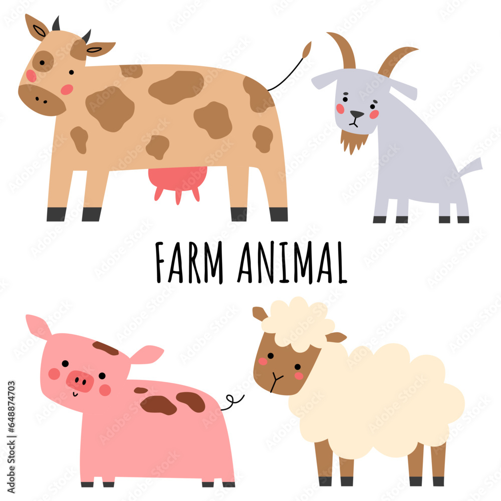Farm animals set in flat style. Cute cartoon animals: sheep, goat, cow, pig. Farm animals set in flat style. Cute cartoon animals: sheep, goat, cow, pig.
