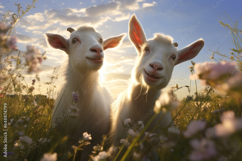 Sun farming animals cute domestic landscape green rural goat grass Sun farming animals cute domestic landscape green rural goat grass