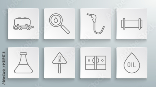 Set line Oil petrol test tube, drop, Exclamation mark in triangle, Stacks paper money cash, Gasoline pump nozzle, Industry pipe and railway cistern icon. Vector
