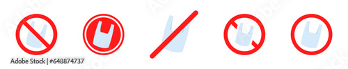 Set of no plastic bags vector icons. Stop plastic waste. Forbid polythene. Vector 10 Eps.