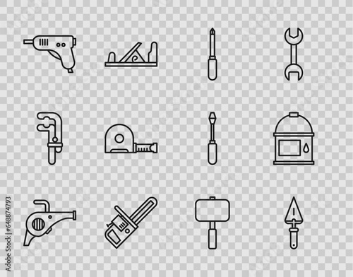 Set line Leaf garden blower, Trowel, Screwdriver, Chainsaw, Electric hot glue gun, Roulette construction, Sledgehammer and Paint bucket icon. Vector