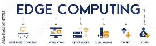 Edge computing banner website icon vector illustration concept with icon of distributed computing, application, device nodes, data volume, traffic and reduce costs on white background