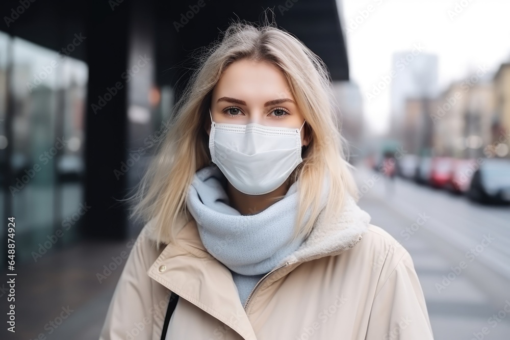 COVID-19 Pandemic Coronavirus Woman in city street wearing mask COVID-19 Pandemic Coronavirus Woman in city street wearing mask