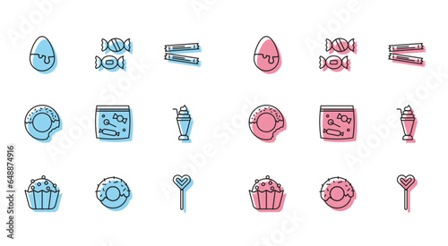 Set line Cupcake, Donut, Chocolate egg, Lollipop, Candy packaging for sweets, Milkshake, and icon. Vector