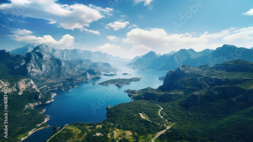 Aerial view landscape of a lake or river in mountains