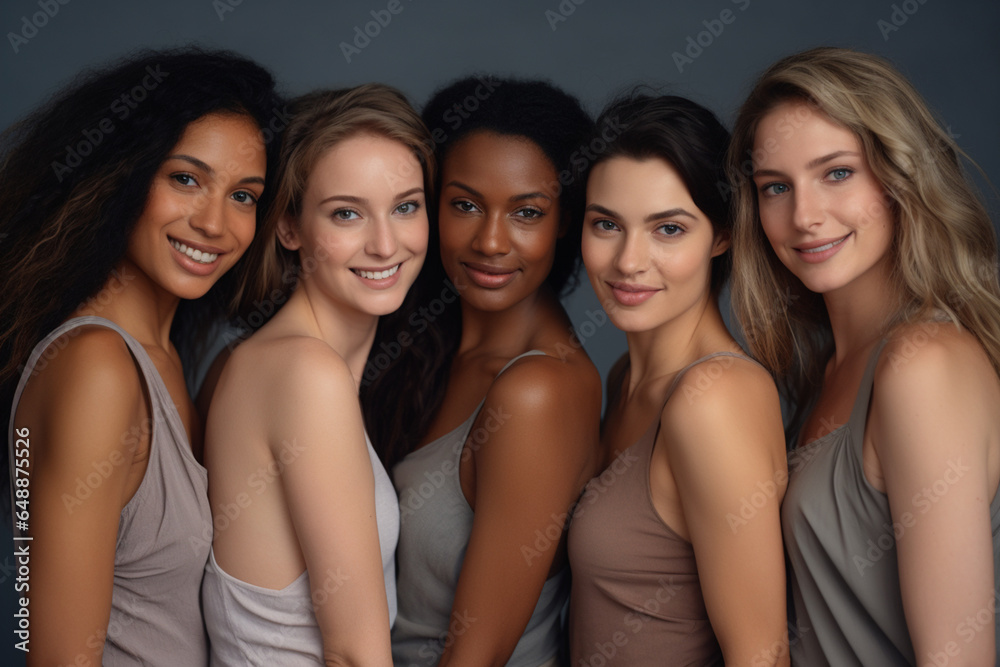 Beauty portrait of a diverse group of beautiful women smiling together against a grey studio background Beauty portrait of a diverse group of beautiful women smiling together against a grey studio background