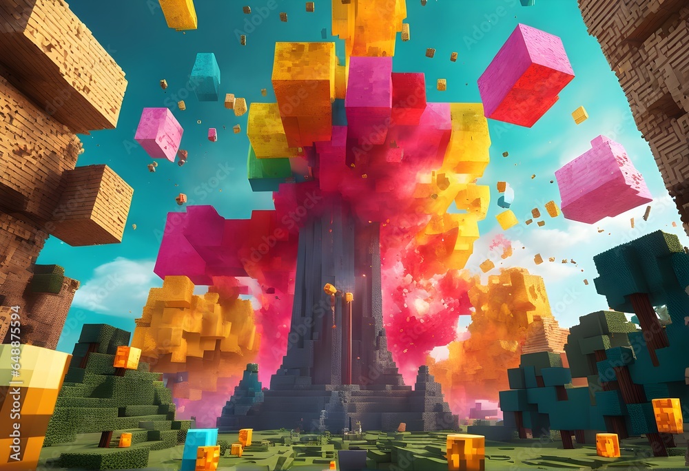Exploding Minecraft colorful cubes paint and splashes. Explosive
