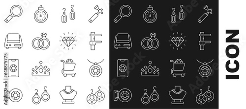 Set line Earrings, Pendant on necklace, Calliper or caliper and scale, Wedding, Electronic jewelry scales, Magnifying glass and Diamond icon. Vector