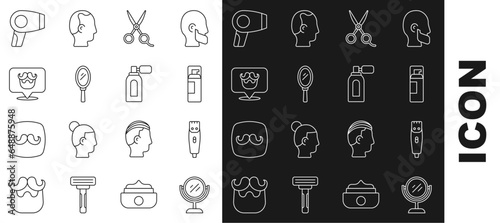 Set line Hand mirror, Hair clipper, Shaving gel foam, Scissors hairdresser, Barbershop, dryer and Aftershave with atomizer icon. Vector