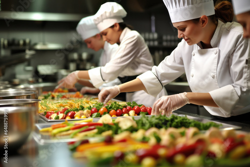 Chef preparing vegetable salad in kitchen of restaurant or hotel, closeup