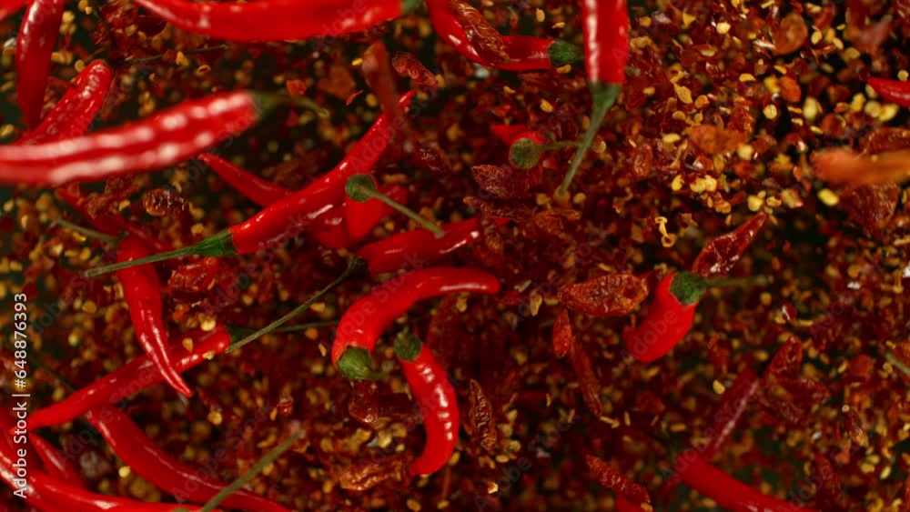 Super Slow Motion Shot of Flying Fresh Chilli Peppers Isolated on Black Background at 1000 fps. Super Slow Motion Shot of Flying Fresh Chilli Peppers Isolated on Black Background at 1000 fps.