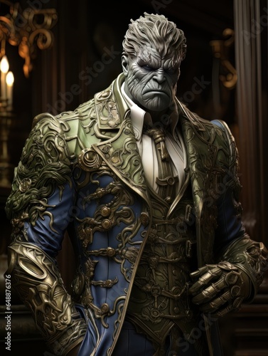 Green-skinned furious superhero with superpowers in classic aristocratic luxury suit. AI