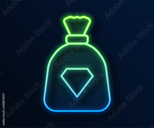 Glowing neon line Bag with gems icon isolated on blue background. Vector