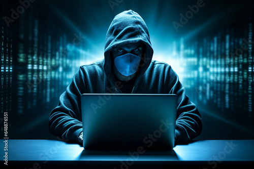 Hacker en train de pirater un système informatique, cyber-criminalité, rançongiciel, vol de données informatiques, ransomwares, attaques informatiques
