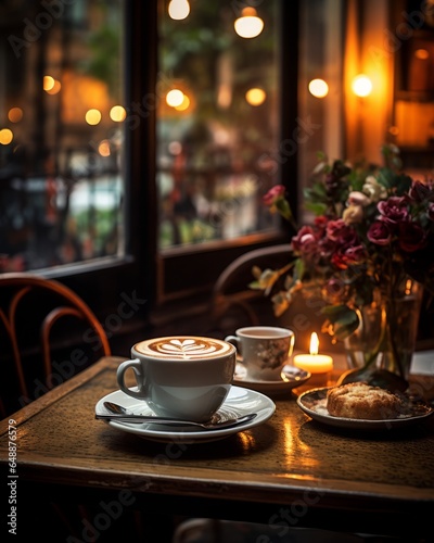 A Latte on a table at a Cozy little European Cafe, Milk foam in heart shape design latte art from a professional barista artist