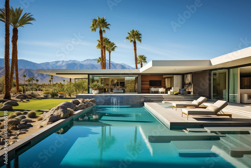 Villa contemporaine dans le désert californien, piscine, palmiers, luxe