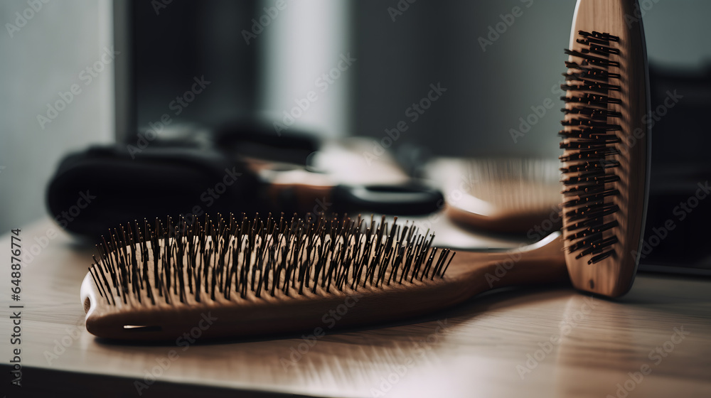 hairbrush and a comb lying on a white surface with a mirr two generative AI - obrazy, fototapety, plakaty 
