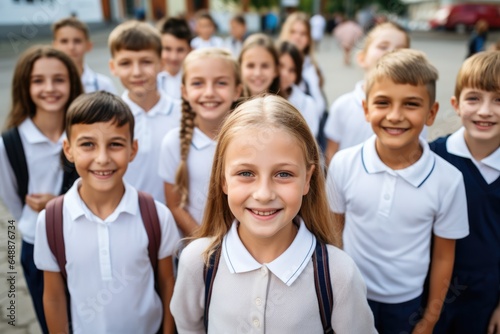 Portrait of smiling school kids standing outdoors, back to school
